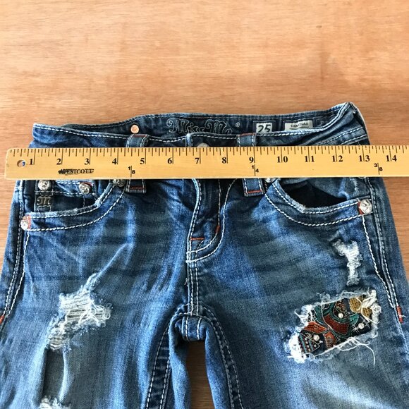 Miss Me Signature Cuffed Skinny Jeans Women 25 Blue Low Rise Aztec Patch Flap - Picture 10 of 16